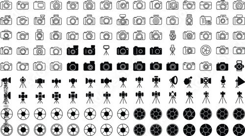 Digital cameras and photography equipment icon set, a comprehensive collection of flat vector illustrations for creative, media, and technology design projects.