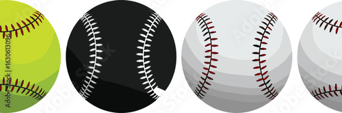 Colorful collection of baseball and softball balls, a vibrant set of vector illustrations for sports, games, and athletic-themed design projects.