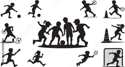 Silhouette Collection of Children Playing Various Sports Activities on Transparent Background Vector