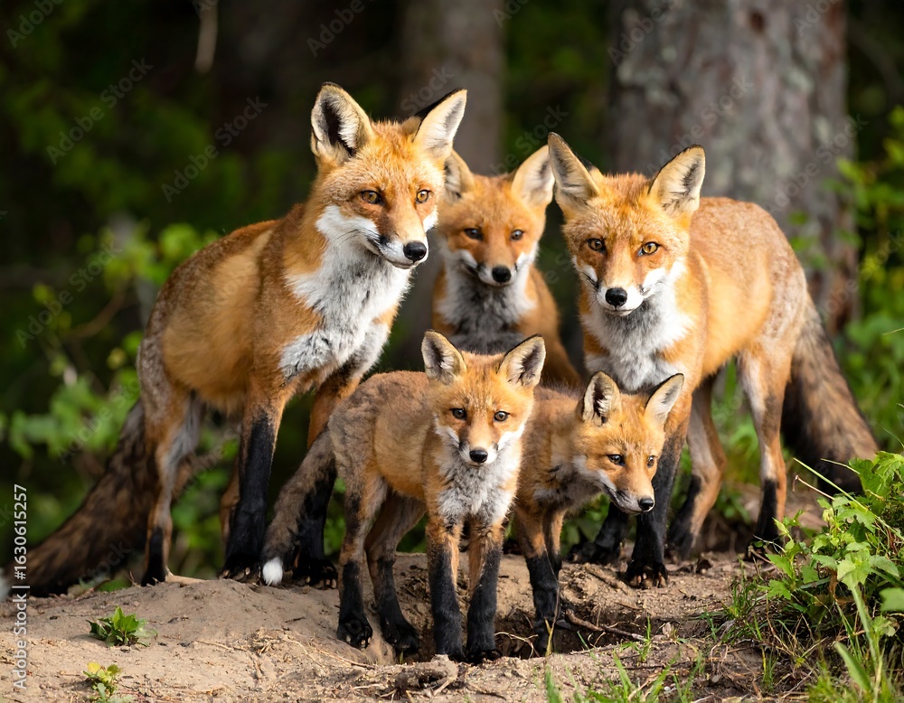 Naklejka premium Family of foxes in a forest