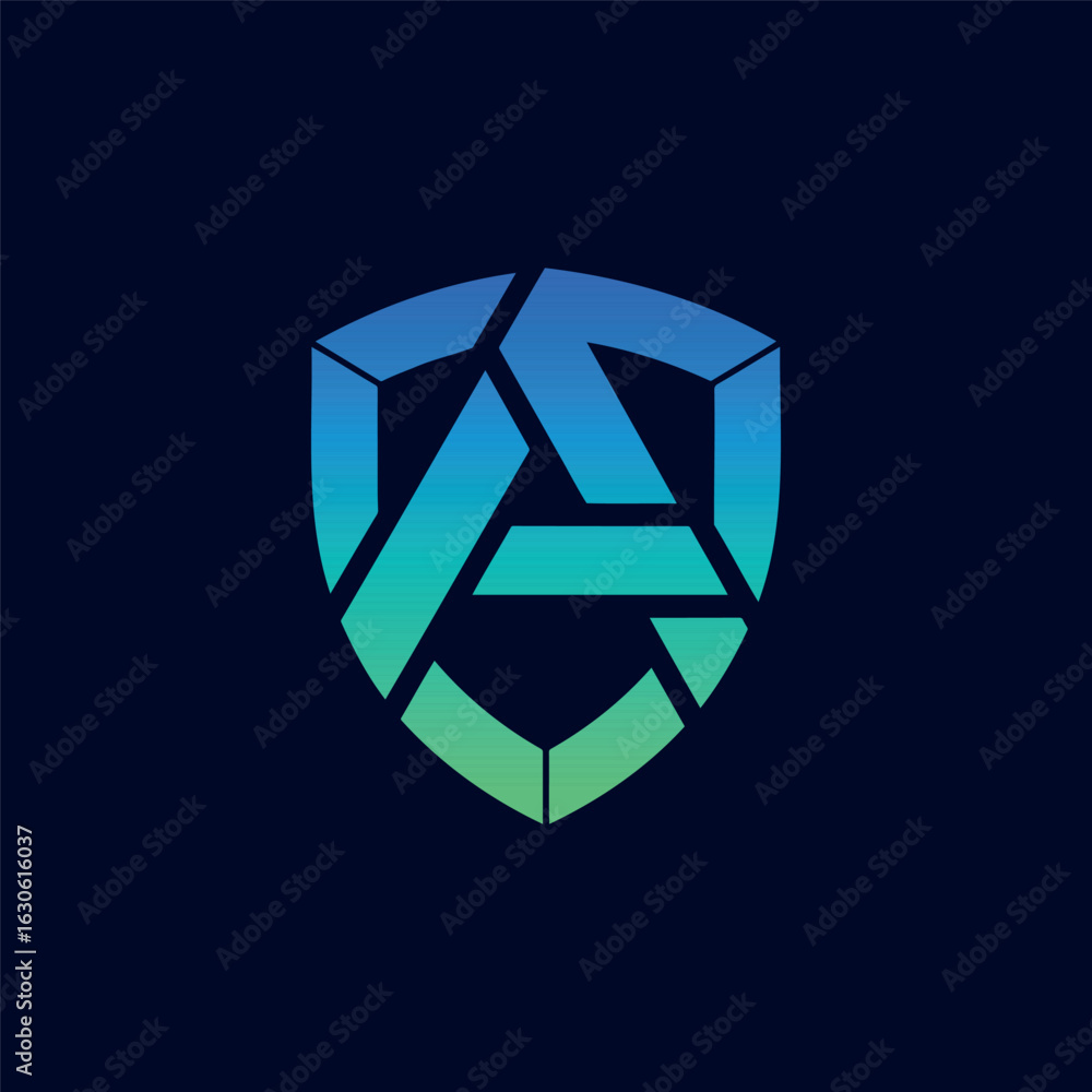 Fototapeta premium A modern shield logo with a powerful, 3D-like 'A'. The green and blue gradient suggests security, technology, and futuristic solutions in a strong, abstract design.