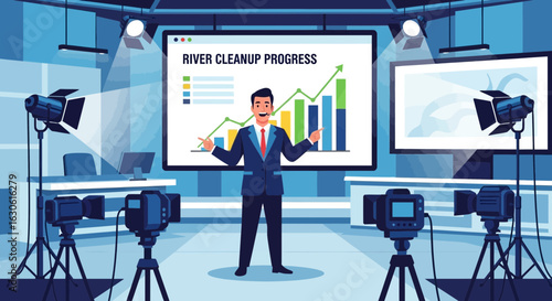 Animated River Cleanup Presentation In Professional Television Studio