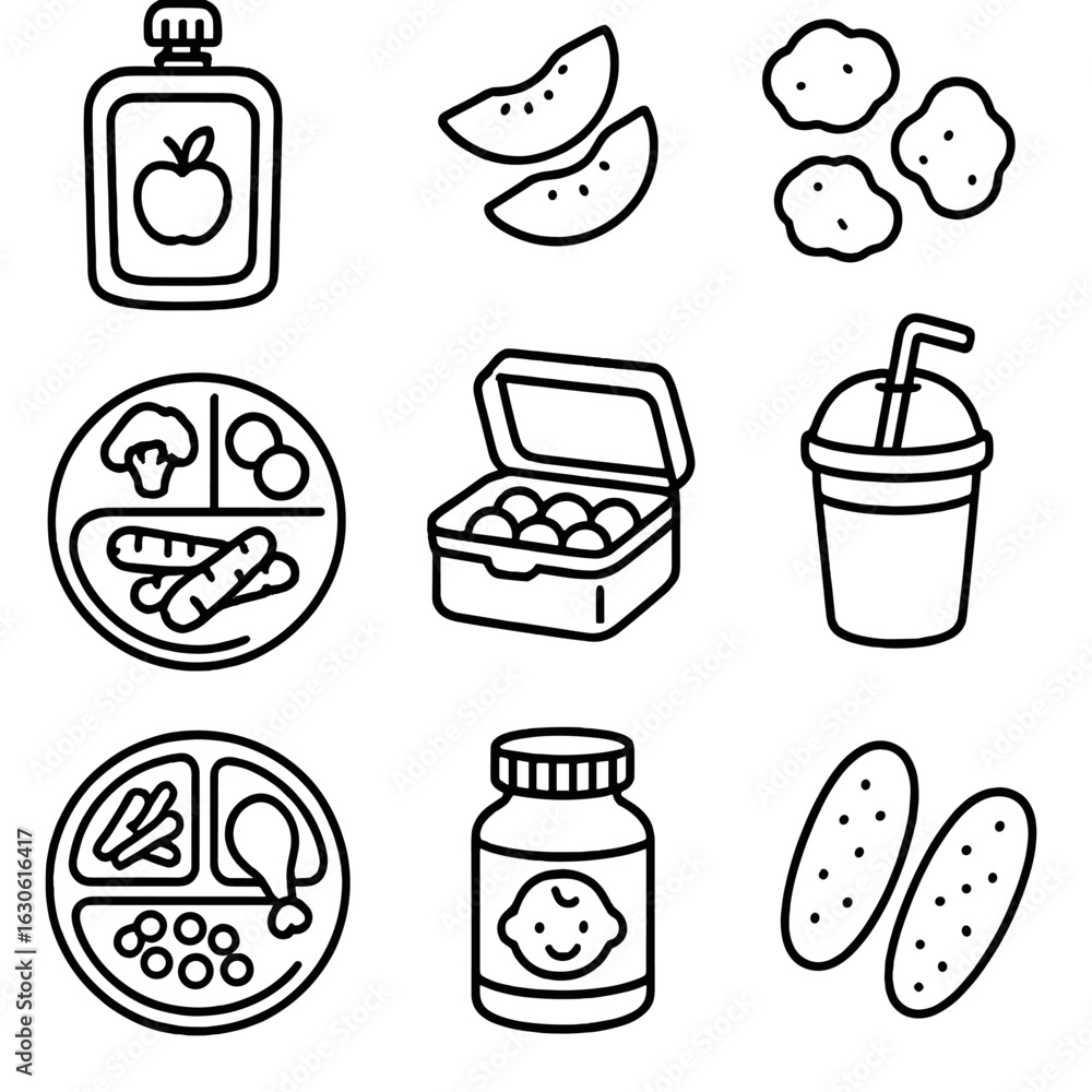 Toddler Nutrition Icons. Outline style icons of Toddler Nutrition: yogurt pouch, fruit slices, soft veggie chunks, finger food