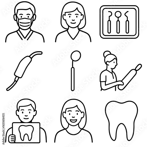 Dental Professionals Icons. Outline style icons of Dental Professionals: dentist with mask, dental hygienist, dental tools tray,