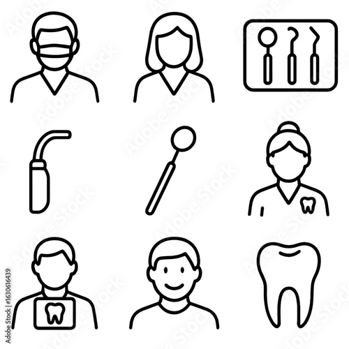 Dental Professionals Icons. Outline style icons of Dental Professionals: dentist with mask, dental hygienist, dental tools tray,