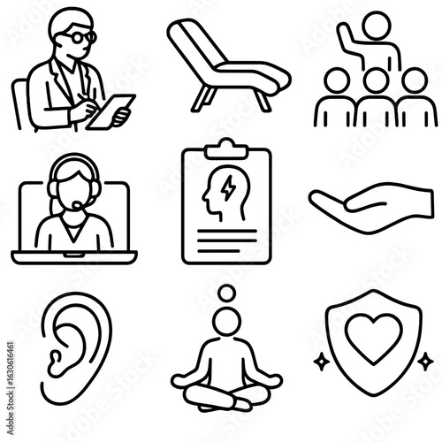 Mental Health Icons. Outline style icons of Mental Health Workers: psychologist with notebook, therapy couch, support group leader