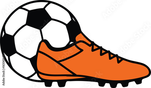 Soccer ball and orange cleat football equipment vector illustration for sports and leisure activities 