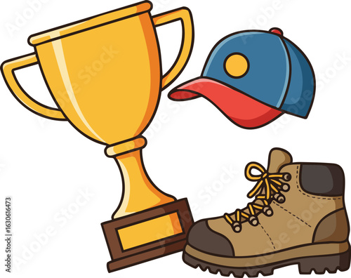 Outdoor hiking trophy with brown boot and blue red cap vector illustration for adventure and achievement concepts 