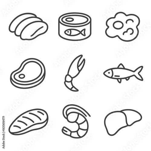 Animal Protein Icons. Line style icons of Animal-Based Protein: turkey slices, tuna can, scrambled eggs, pork chop, crab leg,