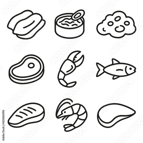 Animal Protein Icons. Line style icons of Animal-Based Protein: turkey slices, tuna can, scrambled eggs, pork chop, crab leg,