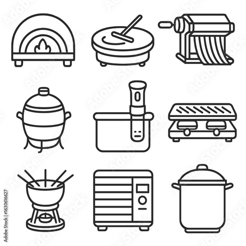Specialty Kitchen Appliances. Outline style icons of Specialty Kitchen Appliances: pizza oven, crepe maker, pasta maker, tandoor