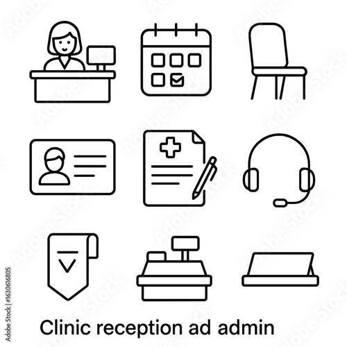 Clinic Reception Icons. Outline style icons of Clinic Reception and Admin: receptionist desk, appointment calendar, waiting room