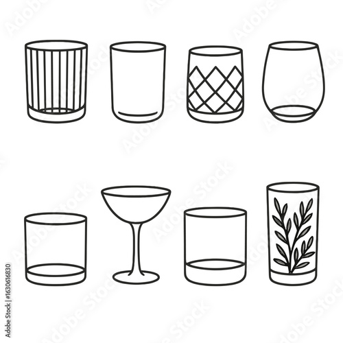 Outline Glassware Icons. Outline style icons of Glassware Details: ribbed glass design, frosted glass, crystal-cut glass, stemless