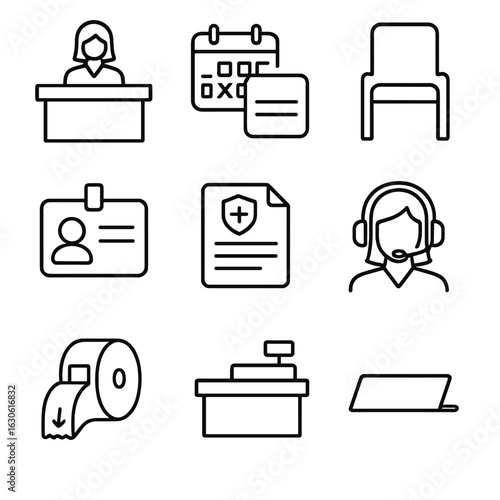 Clinic Reception Icons. Outline style icons of Clinic Reception and Admin: receptionist desk, appointment calendar, waiting room