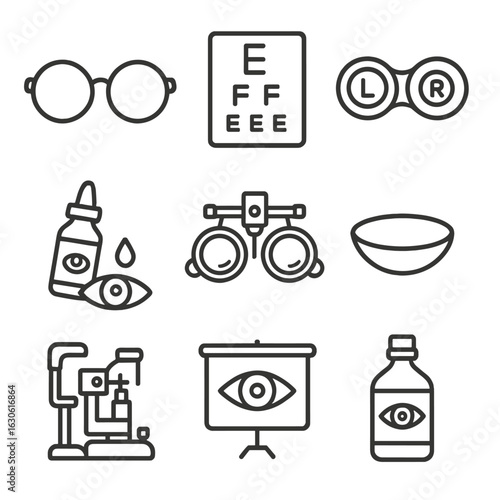 Eye Care Icons. Outline style icons of Eye Care Unit: optometrist glasses, vision test chart, lens case, eye drops, refractor tool
