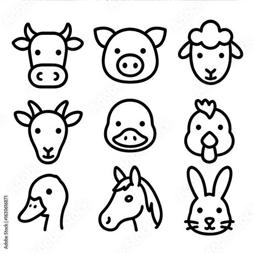 Animal Faces Icons. Outline style icons of Animal Faces: cow face, pig face, sheep face, chicken head, goat face, duck face, horse