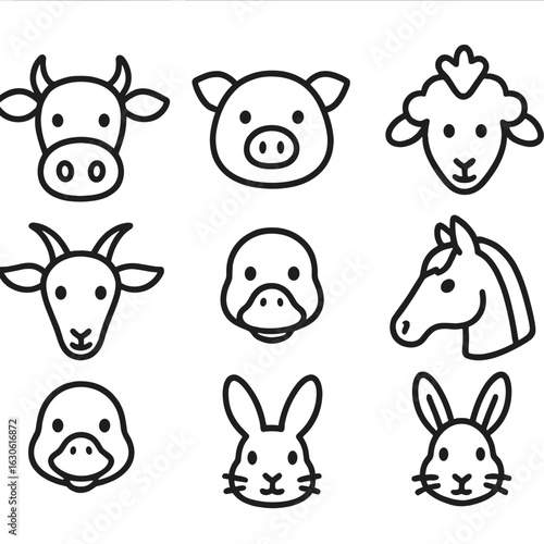 Animal Faces Icons. Outline style icons of Animal Faces: cow face, pig face, sheep face, chicken head, goat face, duck face, horse