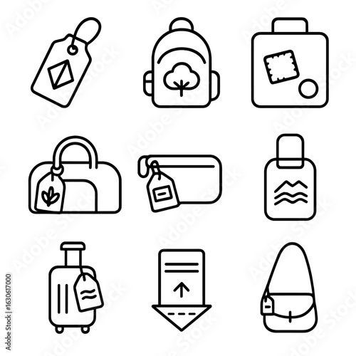 Outline Travel Icons. Outline style icons of Luggage and Travel Bag Labels: luggage tag with material symbol, backpack label with