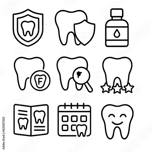 Preventive Dental Icons. Outline style icons of Preventive Dental Care: shield with tooth, tooth with shield overlay, protective