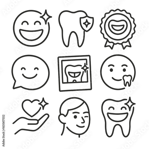 Smile Icon Collection. Outline style icons of Smile and Confidence Icons: big smile with sparkle, tooth with confidence icon,