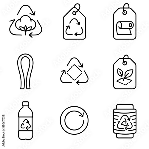 Recycled Textile Icons. Outline style icons of Recycled Textile Labels: recycled cotton icon, reclaimed polyester tag, upcycled
