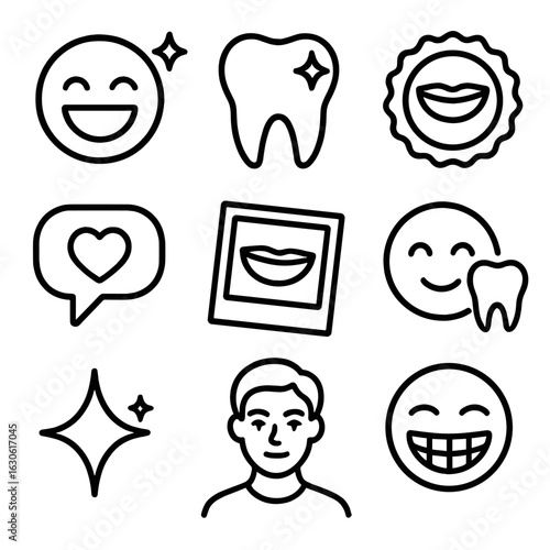 Smile Icon Collection. Outline style icons of Smile and Confidence Icons: big smile with sparkle, tooth with confidence icon,