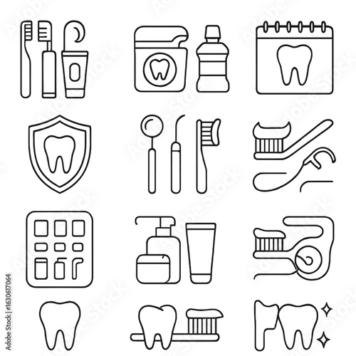 Dental Icons Collection. Outline style icons of Dental Cleaning Icon Sets: full brush kit, floss and rinse duo, enamel care trio,
