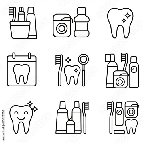 Dental Icons Collection. Outline style icons of Dental Cleaning Icon Sets: full brush kit, floss and rinse duo, enamel care trio,