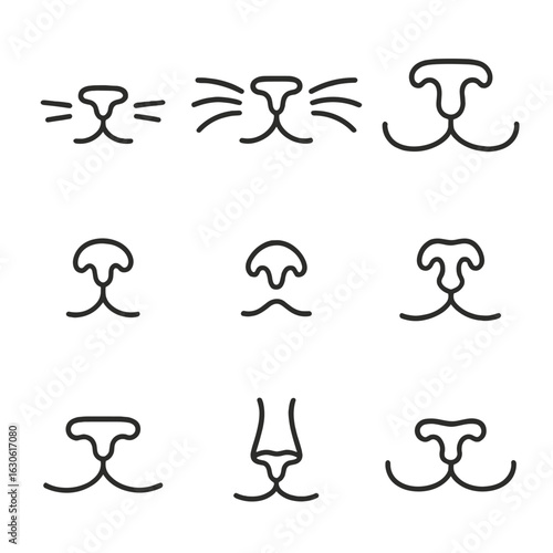 Whiskers and Noses Icons. Outline style icons of Whiskers and Nose Shapes: short whiskers, long arched whiskers, wide nose bridge,