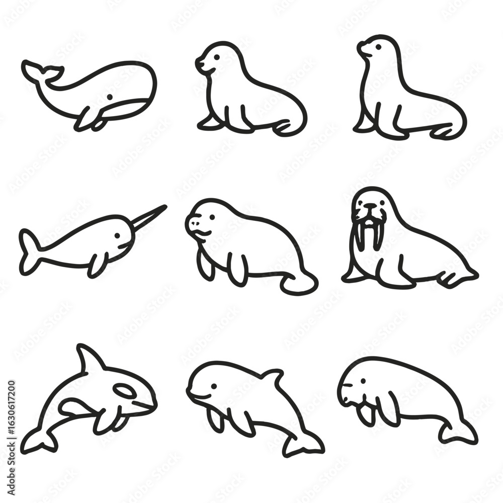 Fototapeta premium Marine Mammals Icons. Outline style icons of Marine Mammals: whale, seal, sea lion, narwhal, manatee, walrus, orca, beluga, dugong