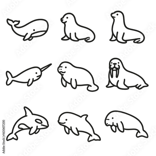 Marine Mammals Icons. Outline style icons of Marine Mammals: whale, seal, sea lion, narwhal, manatee, walrus, orca, beluga, dugong