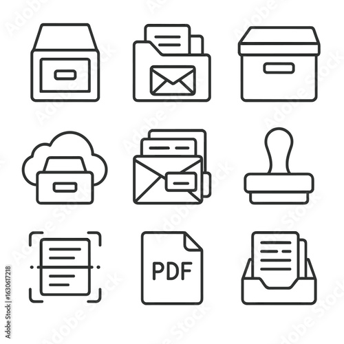Mail Archive Icons. Outline style icons of Mail Archive: filing cabinet drawer, mail folder icon, document box, digital archive