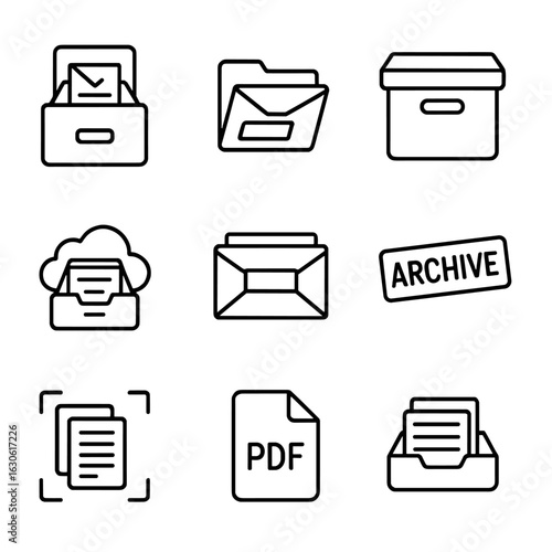 Mail Archive Icons. Outline style icons of Mail Archive: filing cabinet drawer, mail folder icon, document box, digital archive