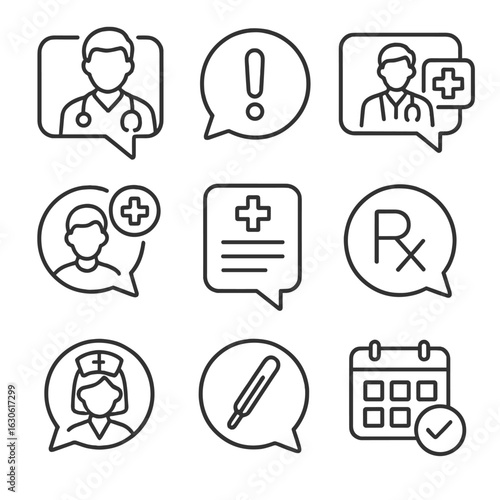 Healthcare Communication Icons. Outline style icons of Healthcare Communication: doctor chat bubble, medical alert icon,