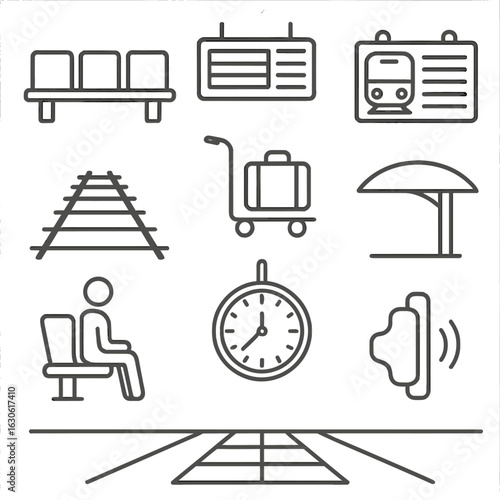 Train Station Icons. Outline style icons of Train Station Waiting Area: platform bench, overhead LED board, train arrival info,
