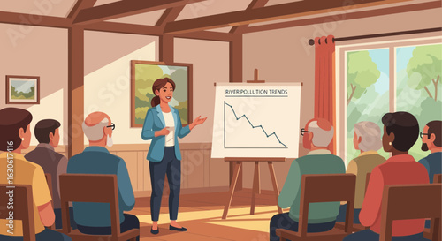 Analyzing River Pollution Decline During Environmental Presentation At Conference