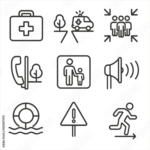 Emergency Park Icons. Outline style icons of Emergency in Parks: first aid kit icon, ambulance access path, emergency meeting