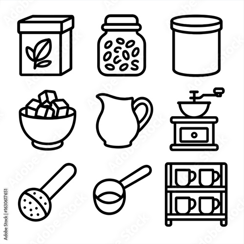 Tea and Coffee Icons. Outline style icons of Tea and Coffee Essentials: tea box, loose leaf jar, coffee tin, sugar cube bowl,