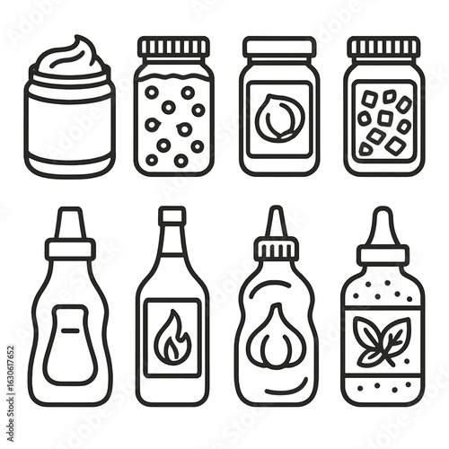 Spread Icons Collection. Outline style icons of Spreads and Condiments: peanut butter, jelly jar, hazelnut spread, relish jar, BBQ