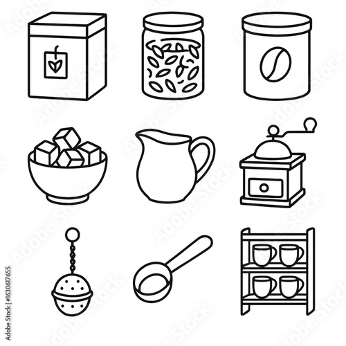 Tea and Coffee Icons. Outline style icons of Tea and Coffee Essentials: tea box, loose leaf jar, coffee tin, sugar cube bowl,