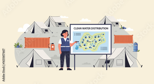 Humanitarian Aid Worker Explains Clean Water Distribution in Refugee Camp