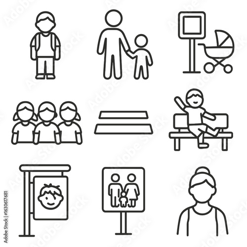 Family Travel Icons. Outline style icons of Children and Families at Stops: school kid backpack, child holding parent hand,