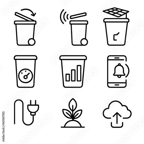 Smart Trash Bin Icons. Outline style icons of Smart trash bin: automated lid hinge, proximity sonar waves, solar charging roof,