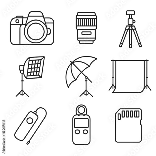 Photography Studio Icons. Outline style icons of Photography studio: DSLR camera body, detachable lens, sturdy tripod, softbox