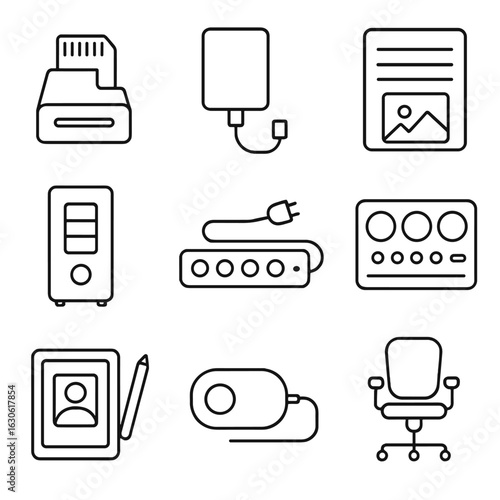 Photography Studio Icons. Outline style icons of Photography studio: Card reader dock, external SSD drive, photo backup server,