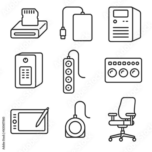 Photography Studio Icons. Outline style icons of Photography studio: Card reader dock, external SSD drive, photo backup server,