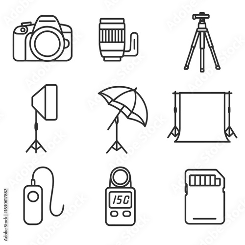 Photography Studio Icons. Outline style icons of Photography studio: DSLR camera body, detachable lens, sturdy tripod, softbox