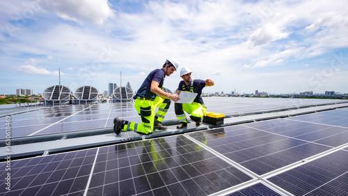 Technicians performing maintenance on solar panels in a modern city environment