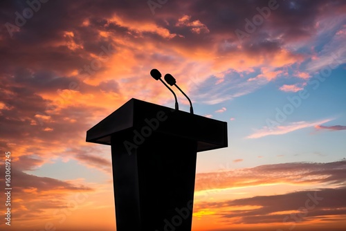 A black podium with dual microphones silhouetted against a colorful sunset sky, symbolizing public speech and leadership
