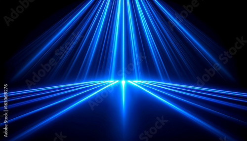 Crossed beams of blue spectrum light on a black background